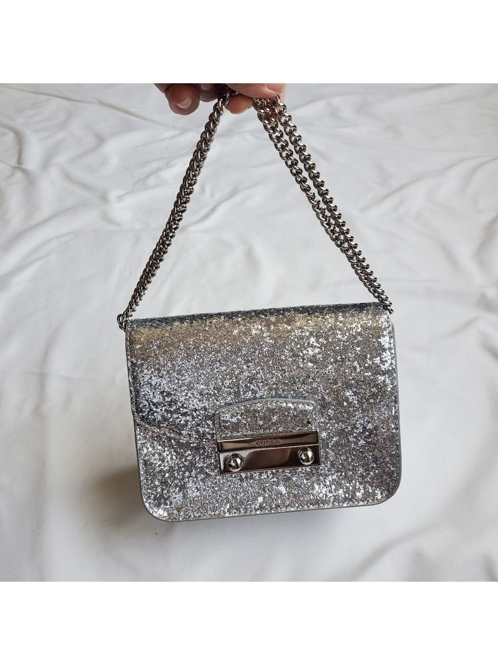 Furla Metropolis Silver Glitter Mini Crossbody Bag